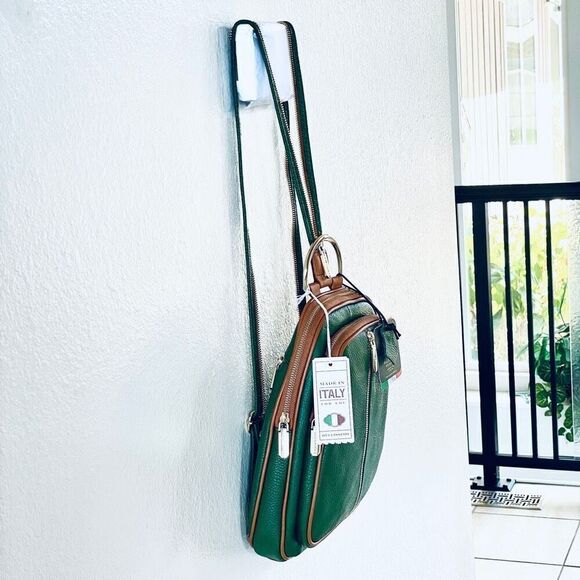 NWT Valentina Green Tan Italian Genuine Leather Convertible Sling Backpack Bag main image 11